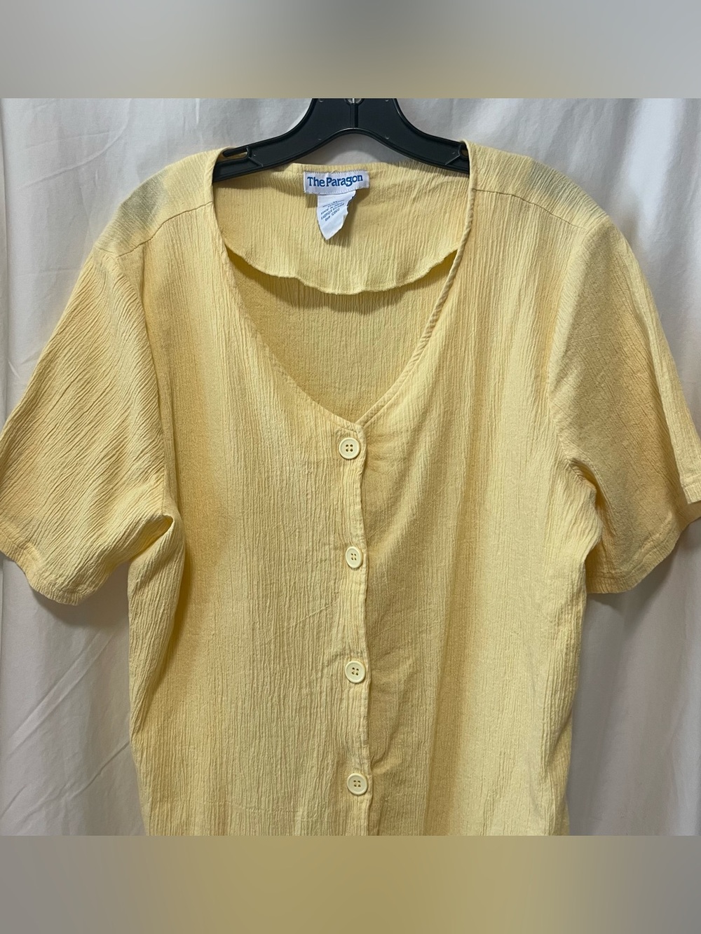 Vintage The Paragon 100% Cotton Pale Yellow Button-Front Short Sleeve Blouse